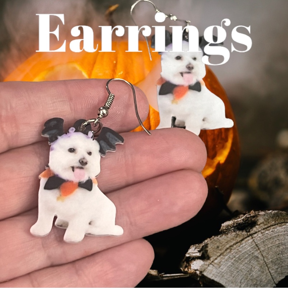 Halloween Dog acrylic Drop Earrings, Bat Costume, Doggy , Pet Lover, Doggy Bat